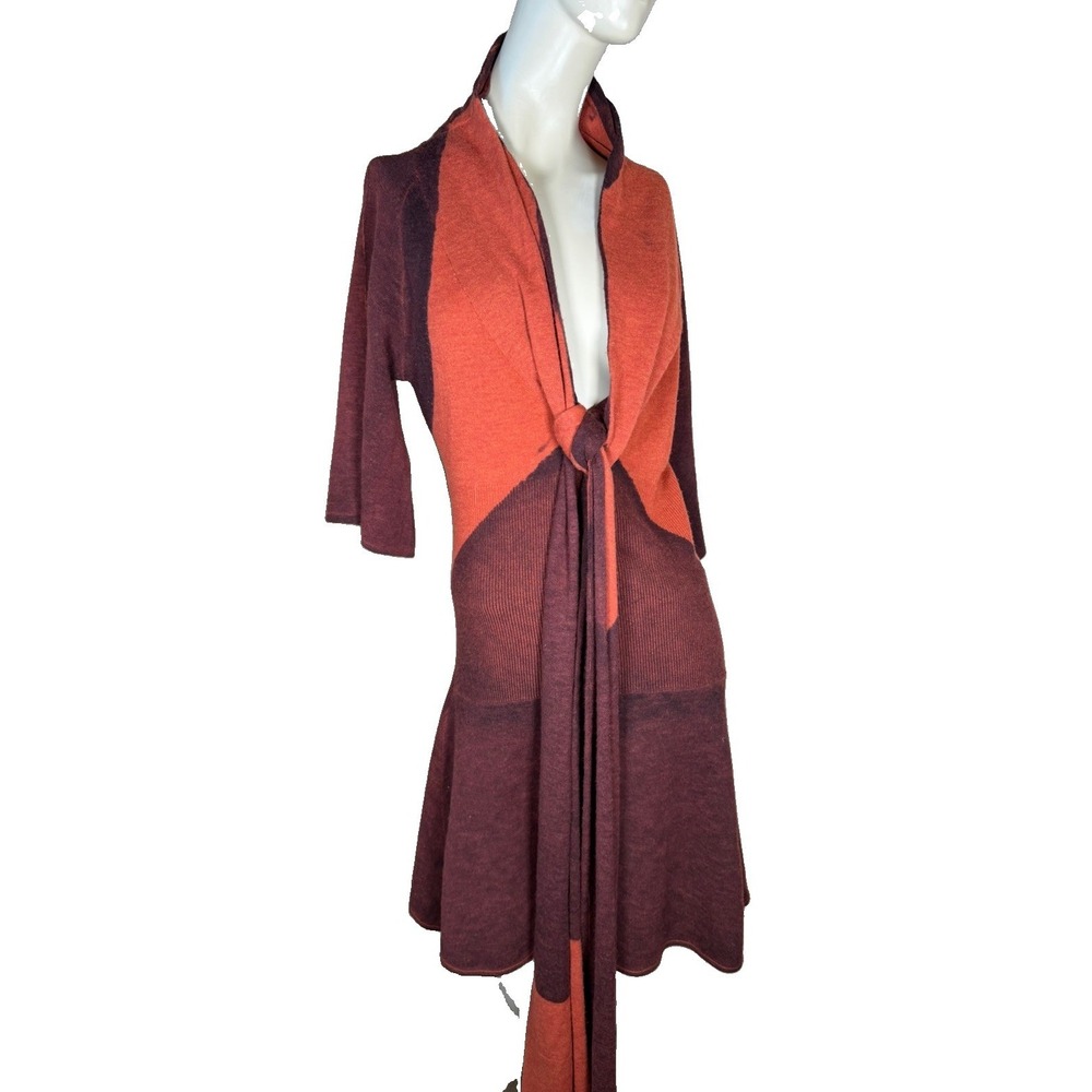 Moth Wool Blend Dress L Burgundy Rust Colorblock Tie Front ‎ Boho Midi